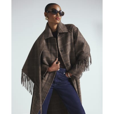 Brown Wool Blend Check Scarf And Trench Coat