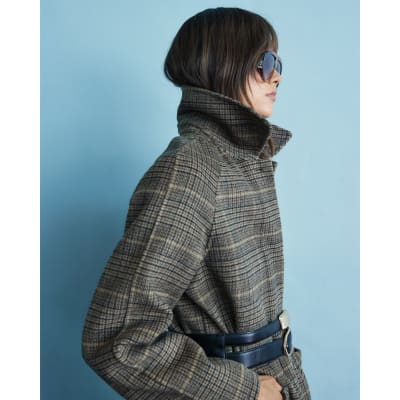 Brown Wool Blend Check Scarf And Trench Coat
