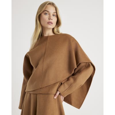 Brown Wool Blend Scarf Top