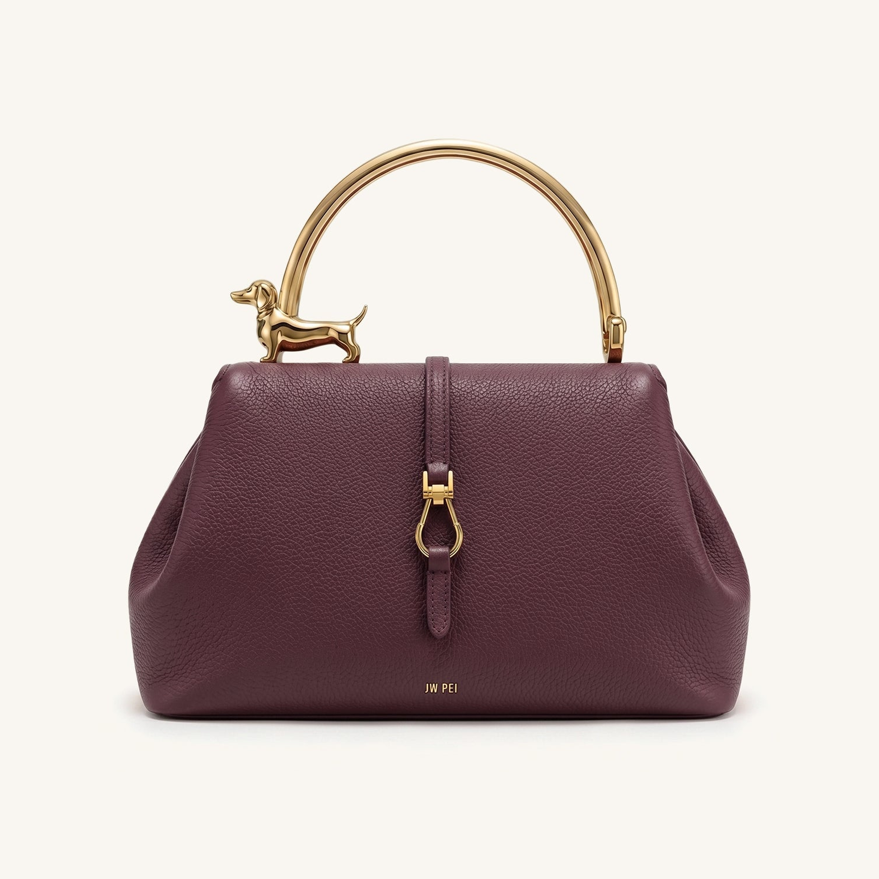 Bruna Dachshund Metal Handle Top Handle Bag - Burgundy