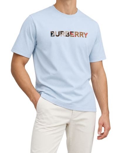 Burberry Check Logo Embroidered T-Shirt Blue