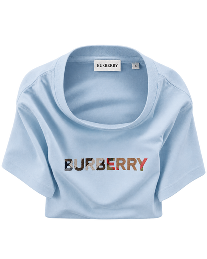 Burberry Check Logo Embroidered T-Shirt Blue