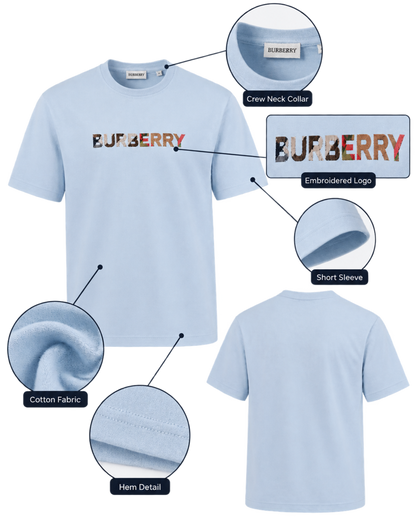 Burberry Check Logo Embroidered T-Shirt Blue
