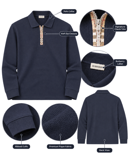 Burberry Dark Blue Long-Sleeve Half-Zip Polo Sweater
