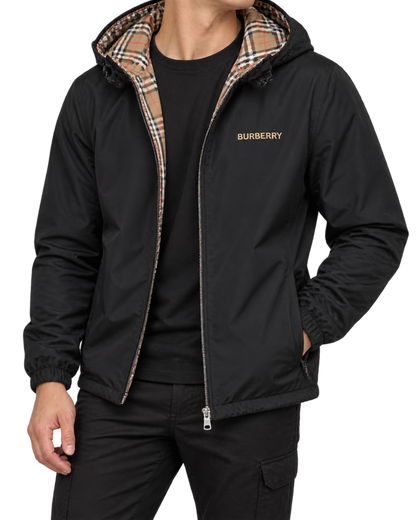 Burberry 'Stanford' Zip-Up Check Reversible Hooded Jacket Black & Check