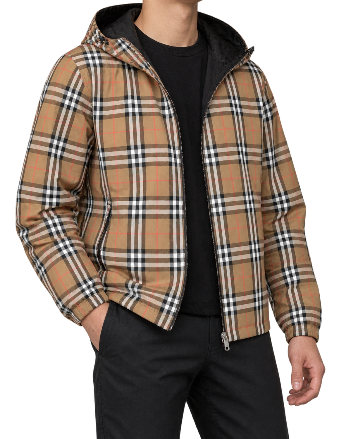 Burberry 'Stanford' Zip-Up Check Reversible Hooded Jacket Black & Check