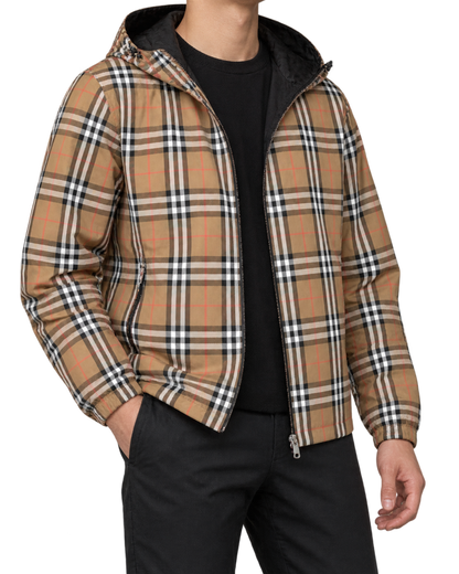 Burberry 'Stanford' Zip-Up Check Reversible Hooded Jacket Black & Check
