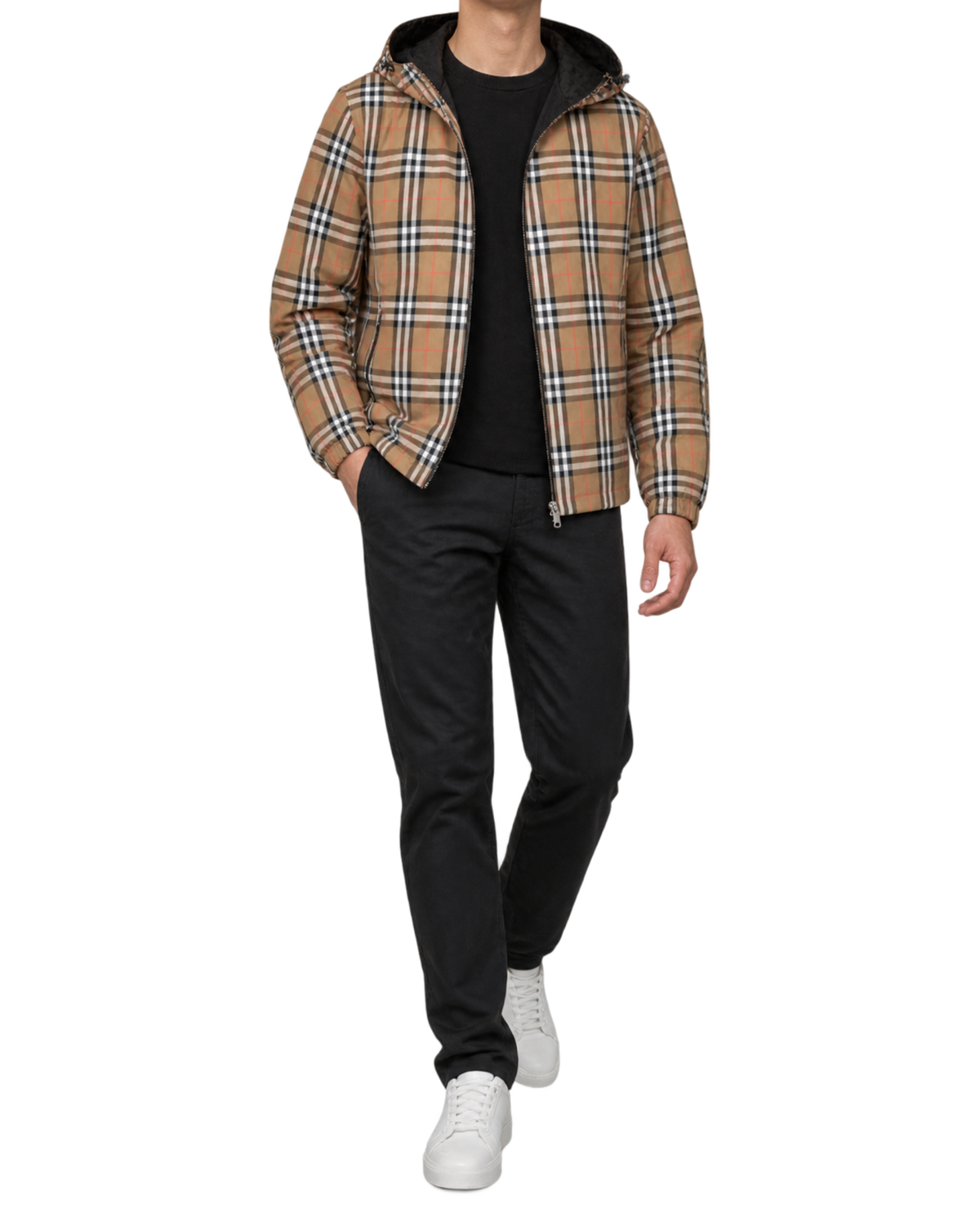 Burberry 'Stanford' Zip-Up Check Reversible Hooded Jacket Black & Check