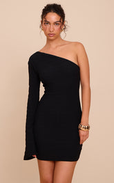 Black Textured One Shoulder Long Sleeve Bodycon Dress