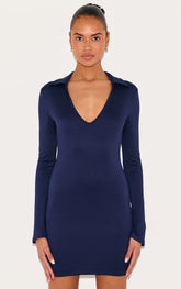 Navy Double Contour Collar Detail Long Sleeve Bodycon Dress