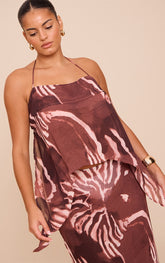 Plus Brown Chiffon Floral Halterneck Strappy Top