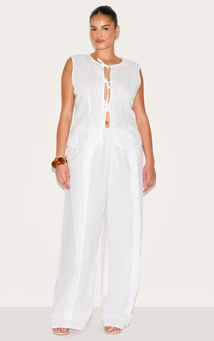 Plus White Wide Leg Drawstring Trousers