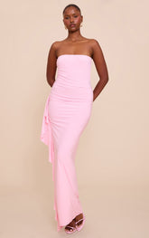 Baby Pink Double Layer Slinky Bandeau Frill Detail Maxi Dress