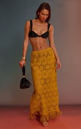 Mustard Crochet Tassel Hem Maxi Beach Maxi Skirt