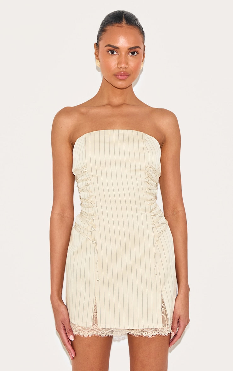 Cream Pinstripe Bandeau Lace Trim Shift Dress