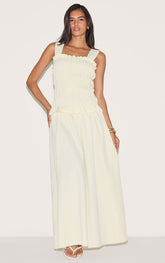 Butter Yellow Shirred Frill Detail Maxi Dress