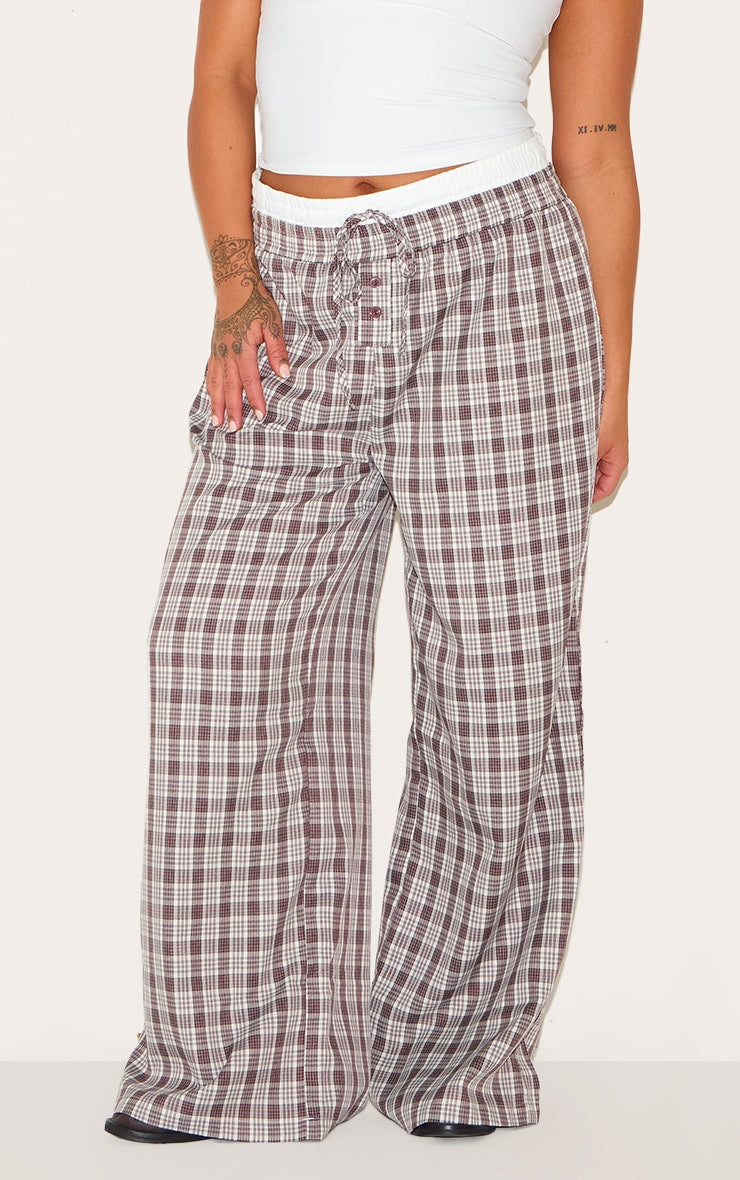 Plus Brown Gingham Print Button Front Straight Leg Trousers