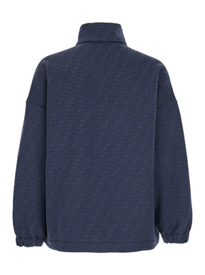 Fendi Blue Sweatshirt with High Neck and All-Over Embossed FF Motif in Cotton Blend Man