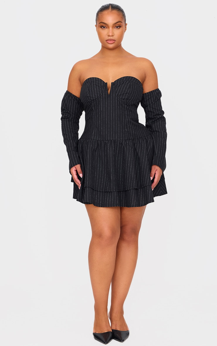 Plus Black Pinstripe Cup Detail Bardot Shift Dress