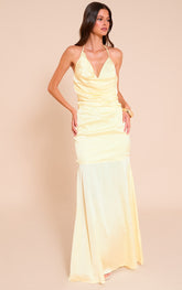 Lemon Satin Asymetric Drape Maxi Dress