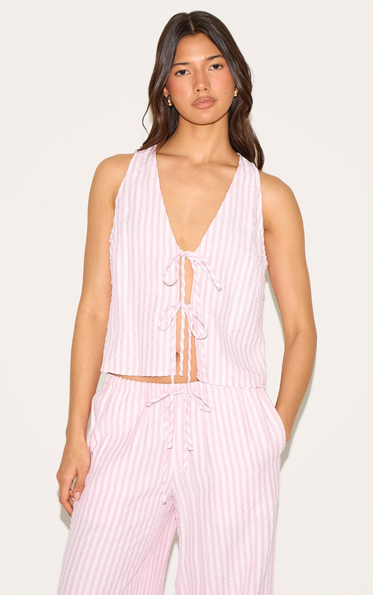 Pink Striped Sleeveless Tie Front Top