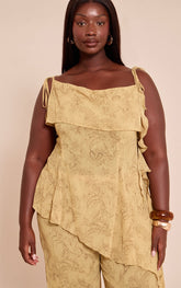 Plus Chartreuse Abstract Print Chiffon Frill Cami Top