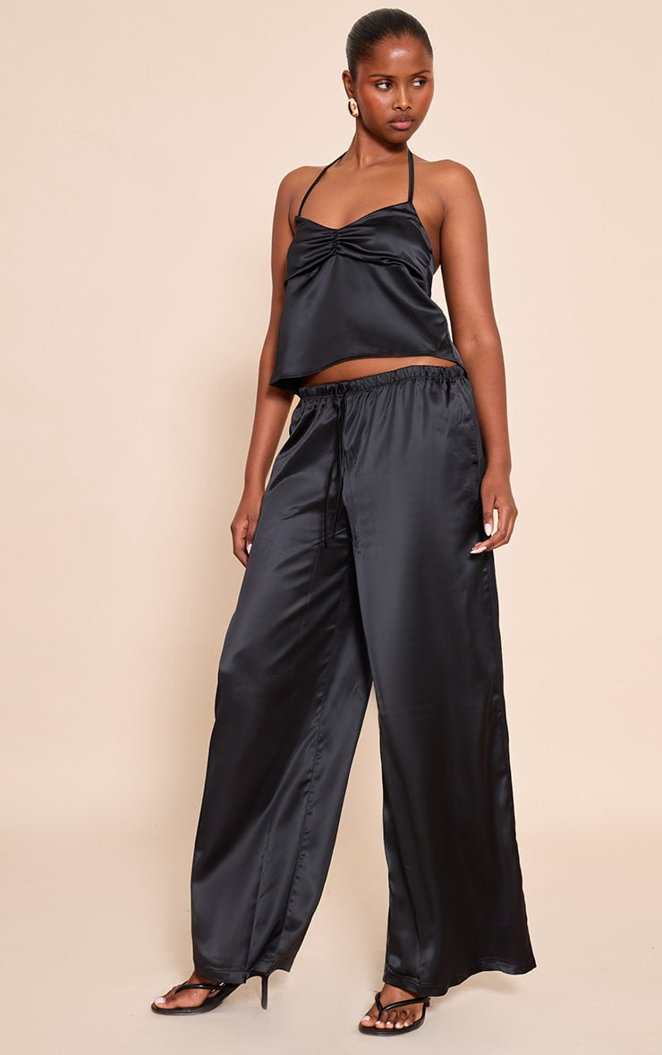 Black Satin Mid Rise Drawstring Wide Leg Trousers