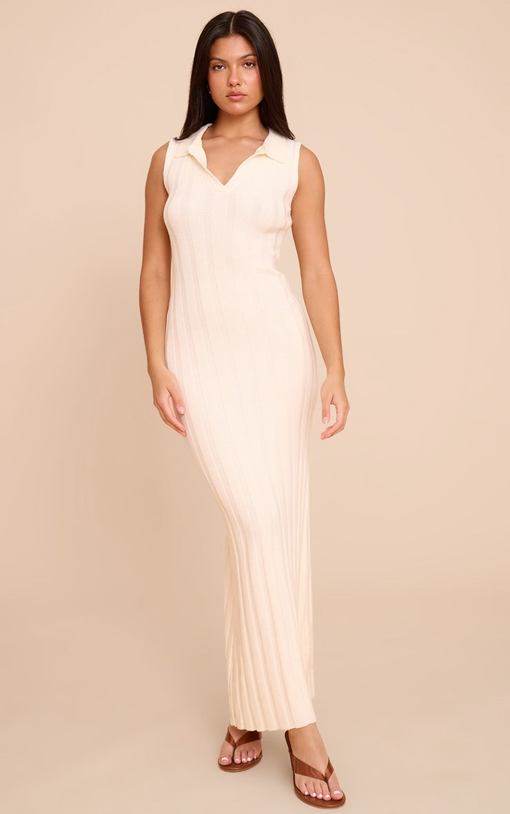 Cream Sleeveless Wide Rib Dress