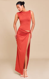 Rust Ruched Cut Out Maxi Dress