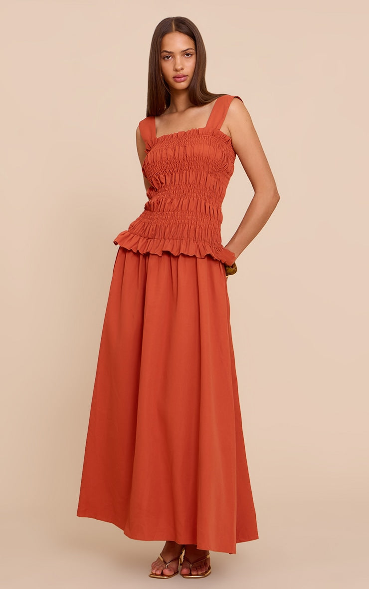 Burnt Orange Shirred Frill Detail Maxi Dress