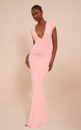 Blush Double Layer Plunge Ruched Shoulder Drape Waist Maxi Dress