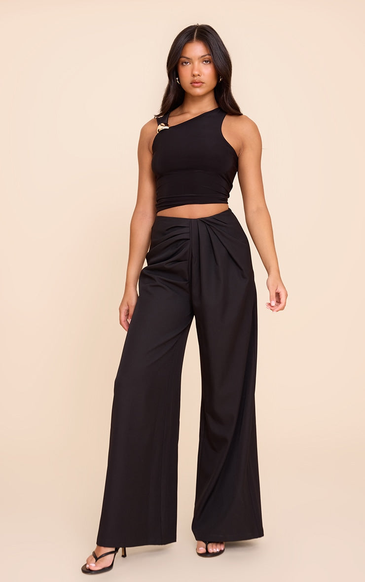 Black Tailored Woven Pleat Detail Wide Leg Trousers