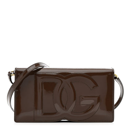 DOLCE GABBANA Patent DG Logo Crossbody Bag Brown
