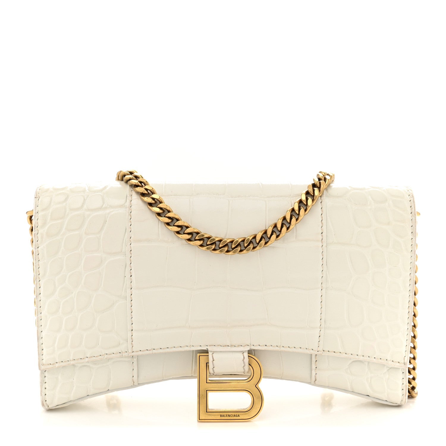 Balenciaga Shiny Calfskin Crocodile Embossed Hourglass Chain Bag White