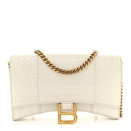 Balenciaga Shiny Calfskin Crocodile Embossed Hourglass Chain Bag White