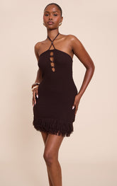 Chocolate Knitted Halterneck Bead Detail Fringe Mini Dress