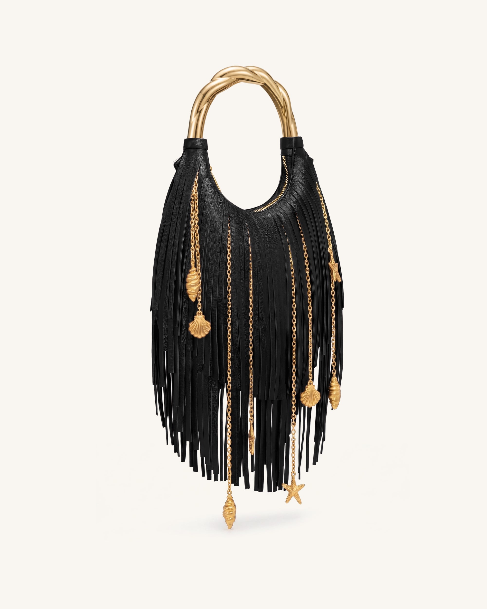 Chloe Metal Handle Fringe Top Handbag - Navy Blue
