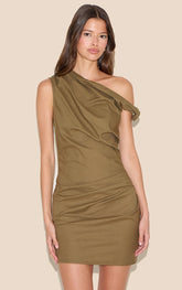 Khaki Twist Shoulder Shift Dress