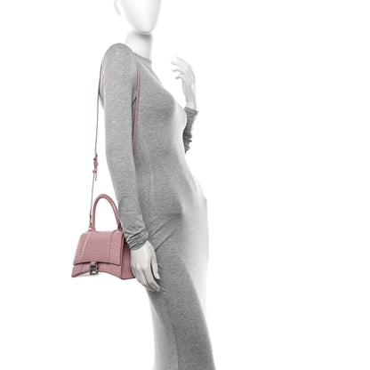 Shiny Calfskin Crocodile Embossed Small Hourglass Top Handle Bag Powder Pink