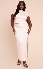 Plus Cream Ruched Satin Split Detail Maxi Skirt