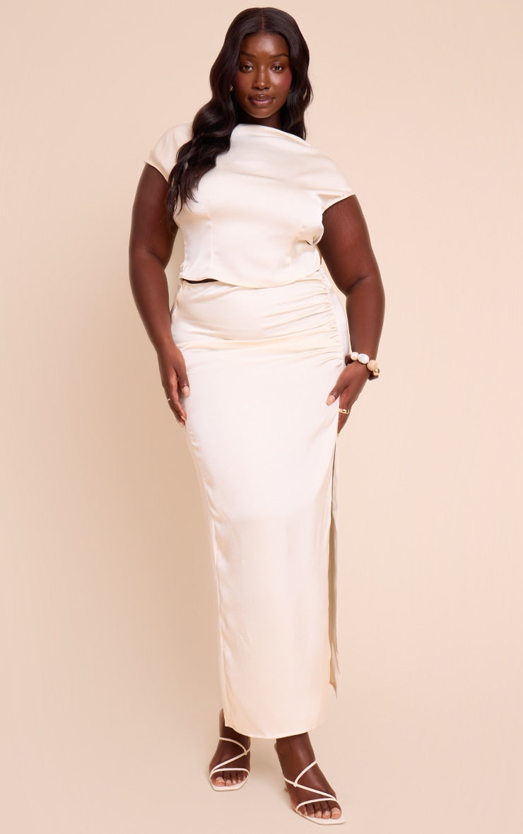 Plus Cream Ruched Satin Split Detail Maxi Skirt