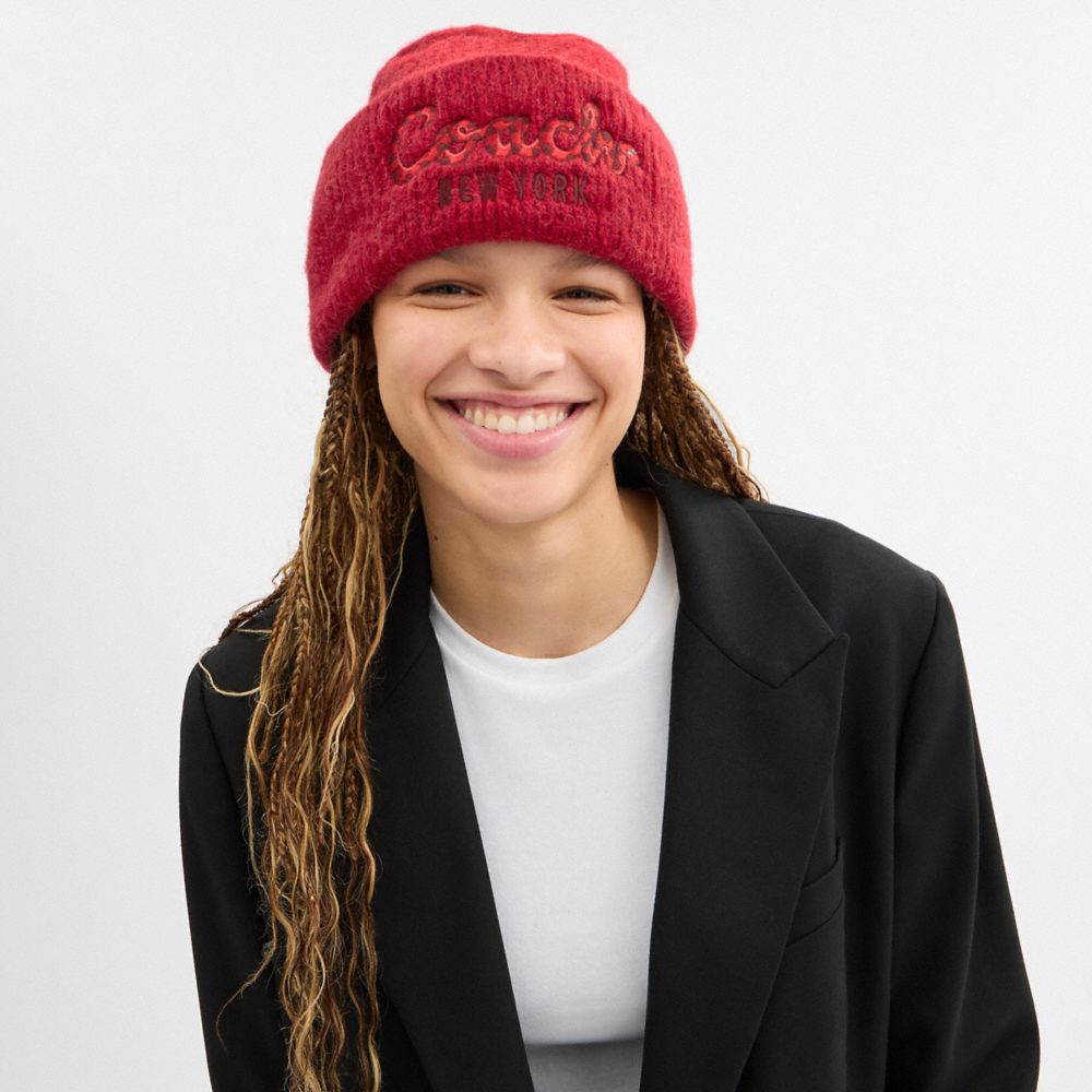 New Year Beanie With Embroidered Coach Snake Script