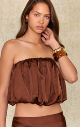 Chocolate Brown Satin Puffball Bandeau Top