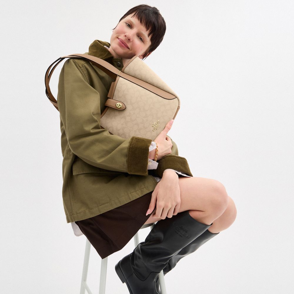 Hadley Turnlock Tote Bag With Signature Canvas