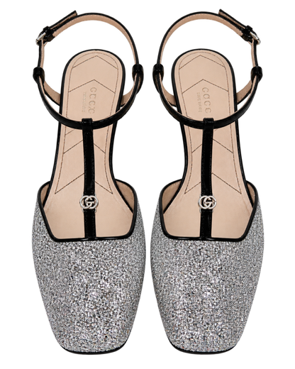 Calfskin Glitter Double G Slingback Flats