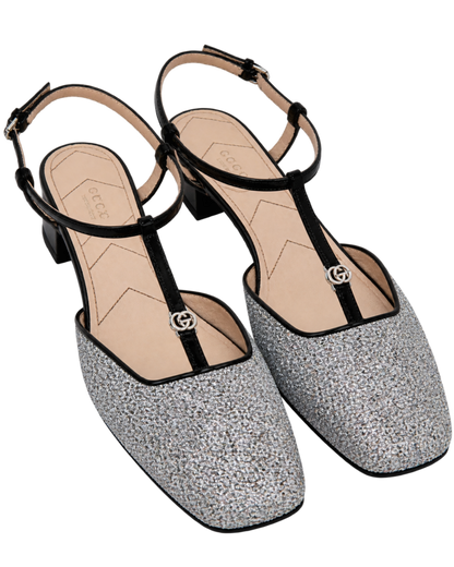 Calfskin Glitter Double G Slingback Flats