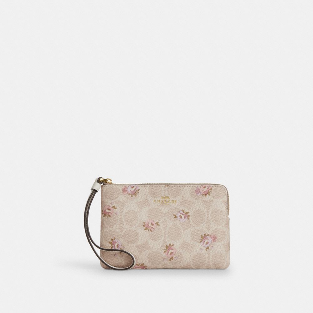 Corner Zip Wristlet In Signature Canvas With Floral Print