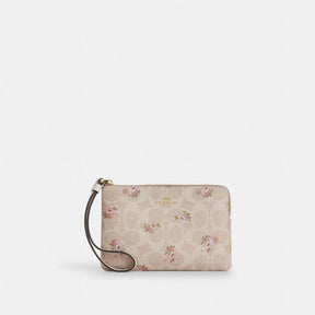 Corner Zip Wristlet In Signature Canvas With Floral Print
