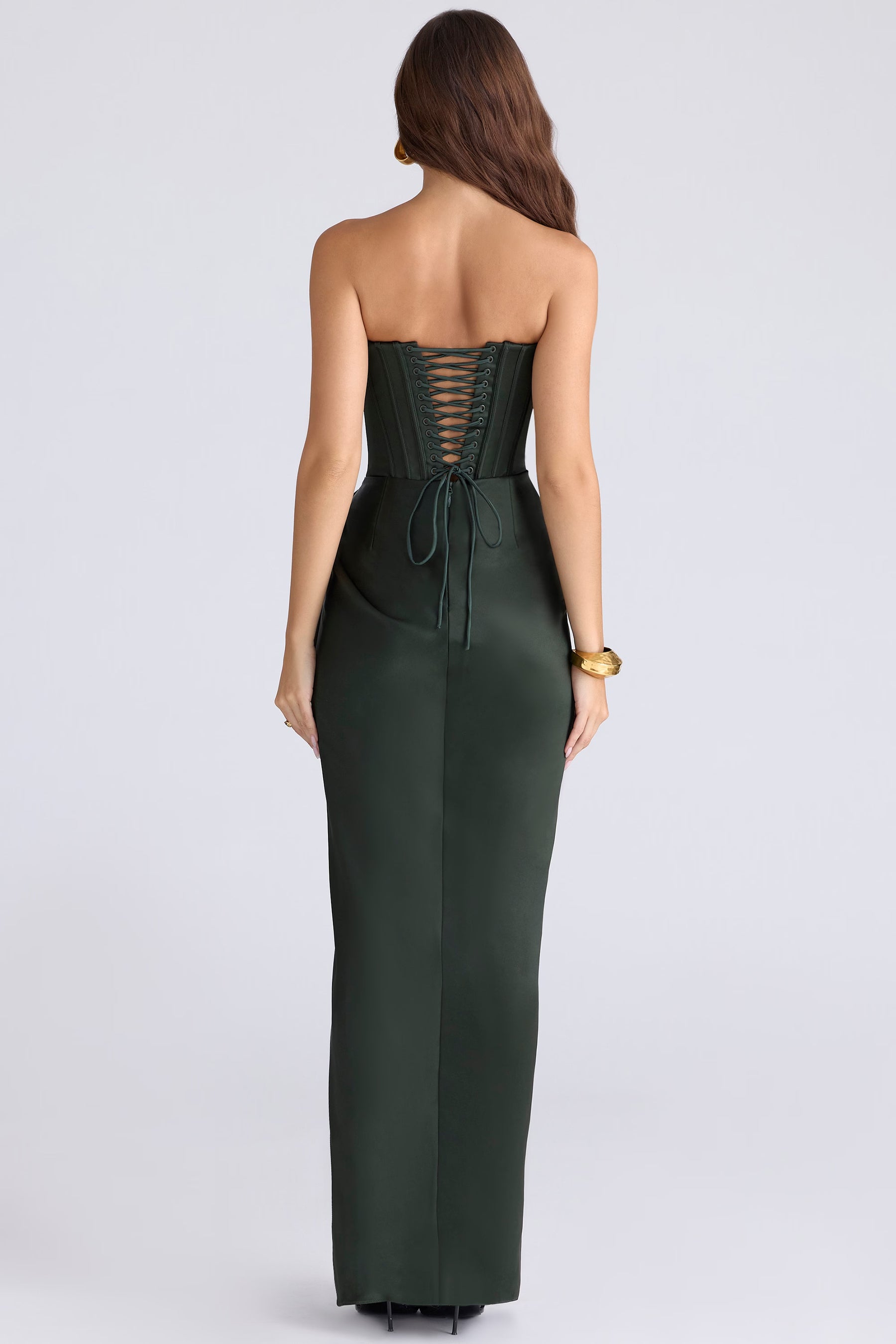 Carelle forest green satin strapless maxi dress