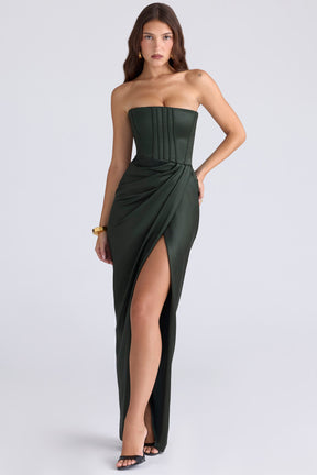 Carelle forest green satin strapless maxi dress